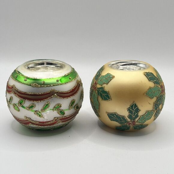 2 Ornament 3" Ball Tea Light (Inc) Candle Holders Gold Frosted Glass Glitter Vtg - Picture 3 of 6